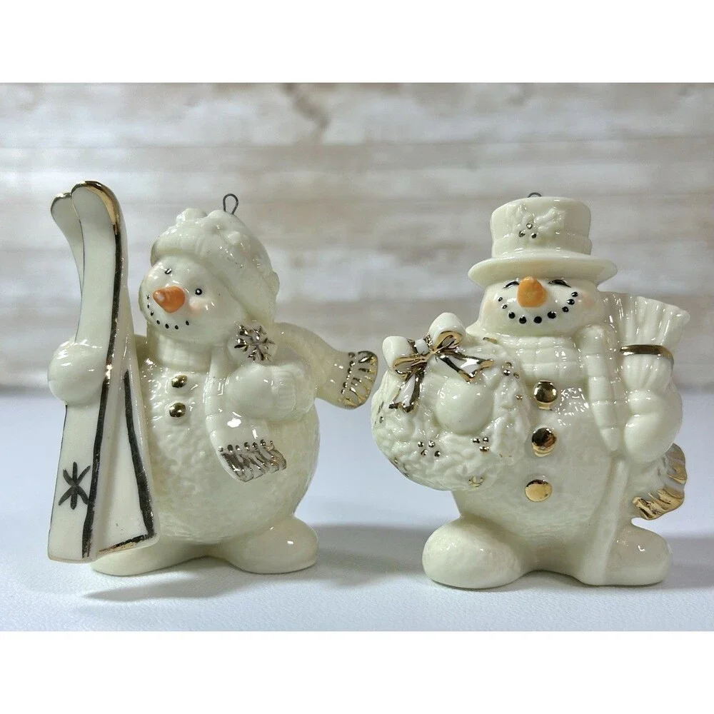 Vtg Porcelain Jade Snowman Ornaments Set Of 2 Ski Broom White Gold Color Accent